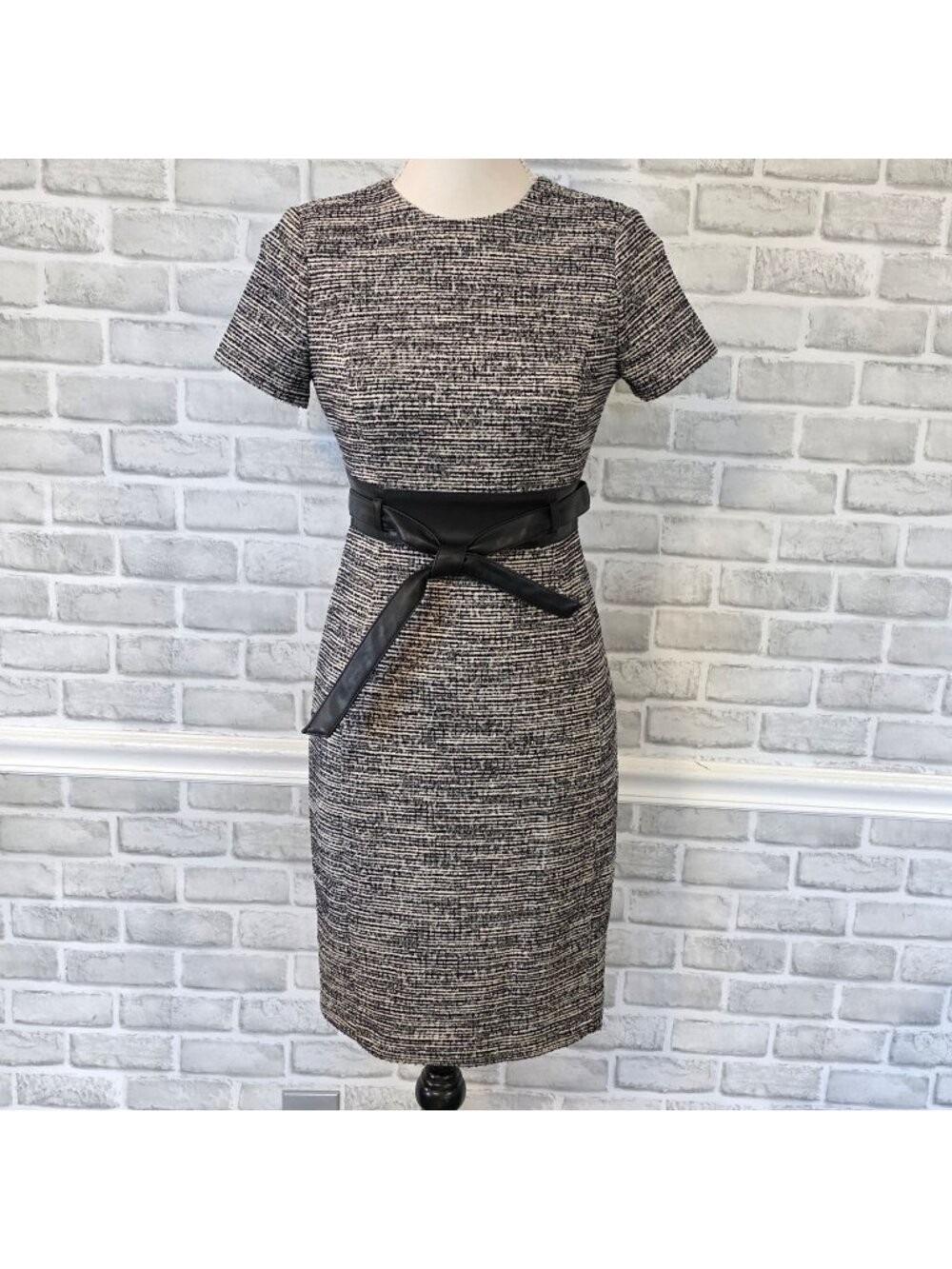 Calvin Klein Sheath Dress Black White Textured Belted NWT Petite 2P Career Offic